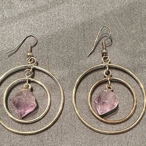 Silver Double Hoop Earrings with Purple Crystal Drops